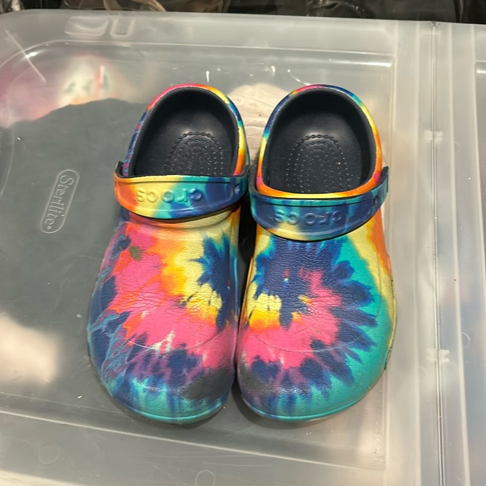 Rainbow tie dye crocs